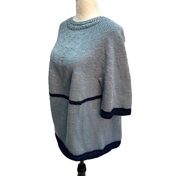 𝅺handmade Hand Knit Blue Short Sleeve Round Neck Sweater Size L/XL - Picture 2 of 9
